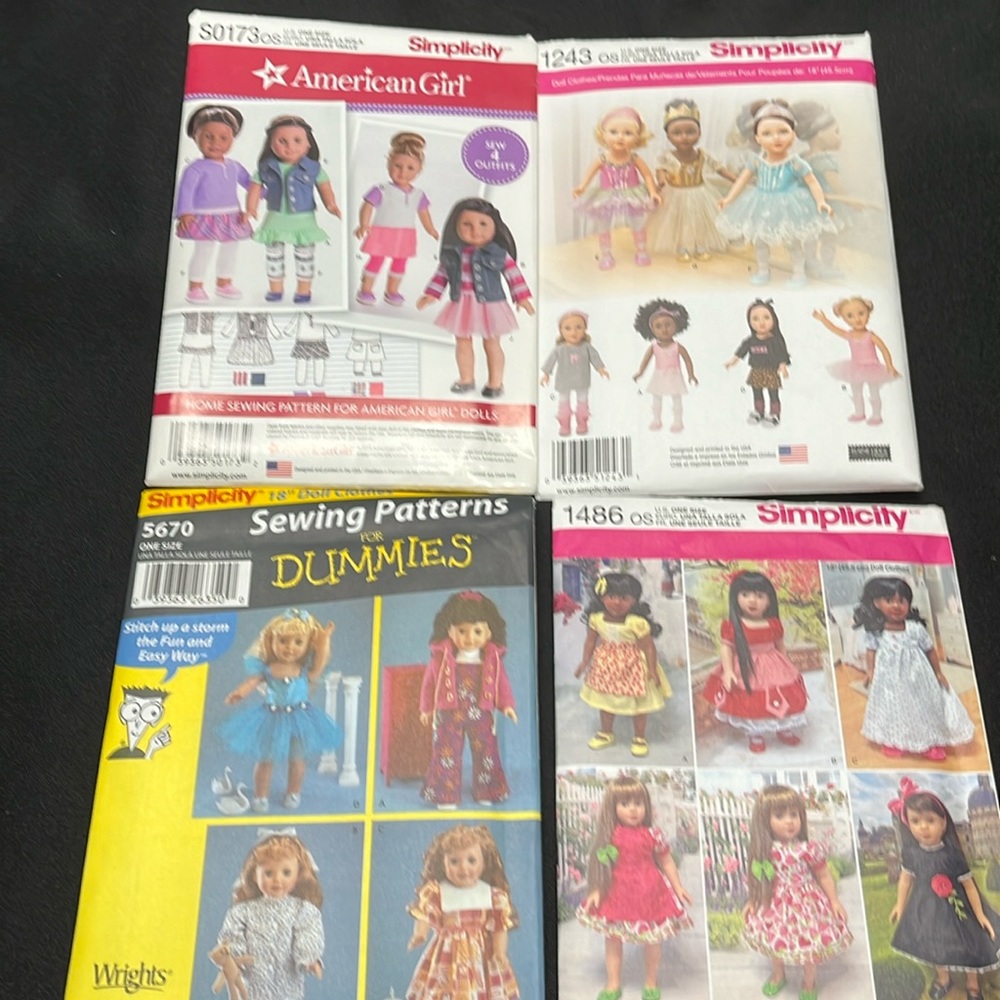 4 Simplicity Patterns for 18” Doll Clothes. One is American Girl outfit pattern